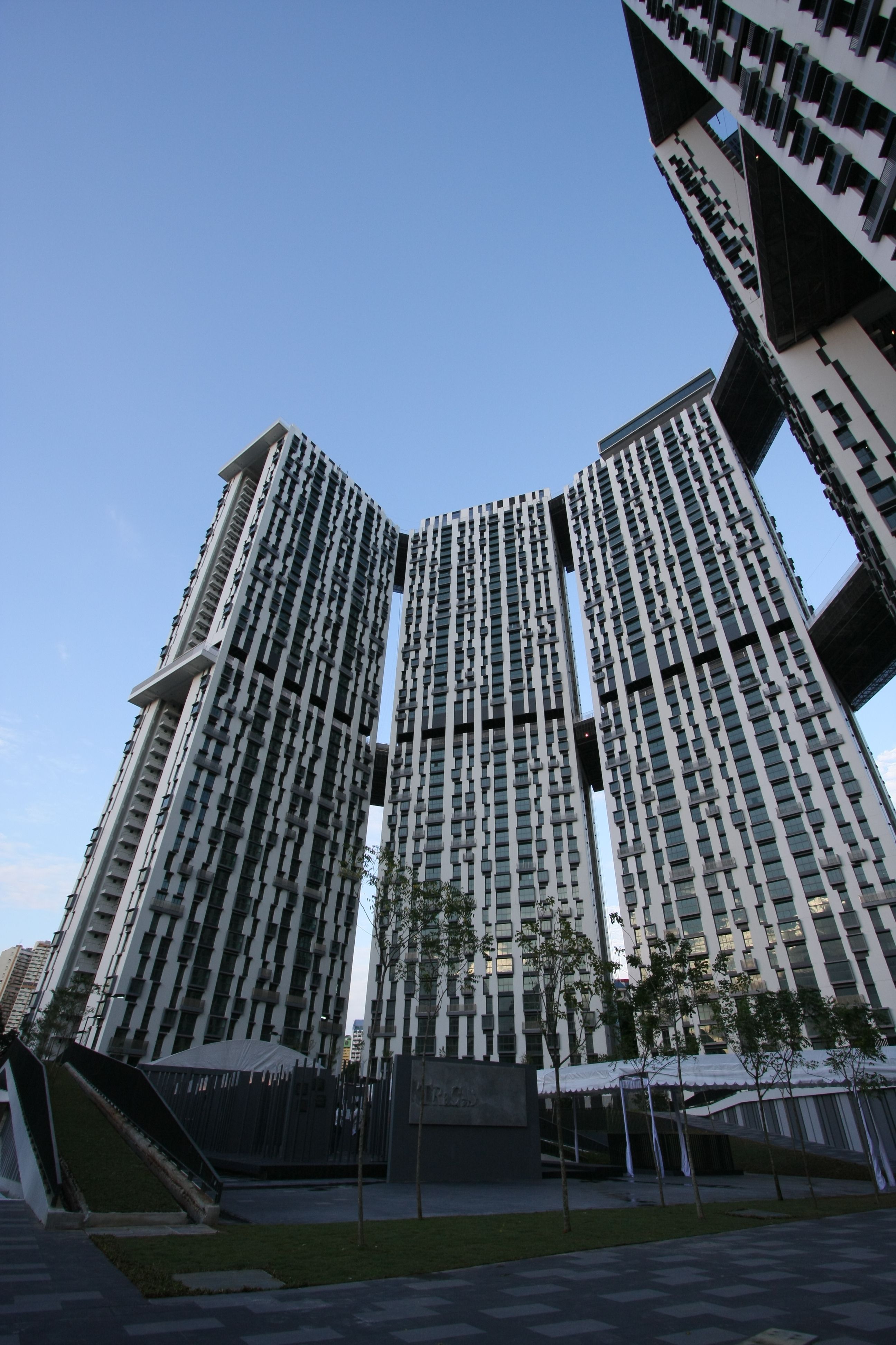 Image of Pinnacle@Duxton condos from the ground looking up.
